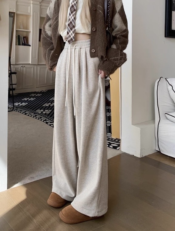 鬆緊抽繩人字紋毛呢寬褲