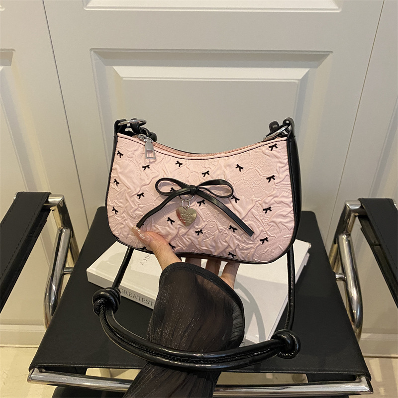 Sheer Bubble Fabric Polka Dot Crescent Shoulder Bag with Bow