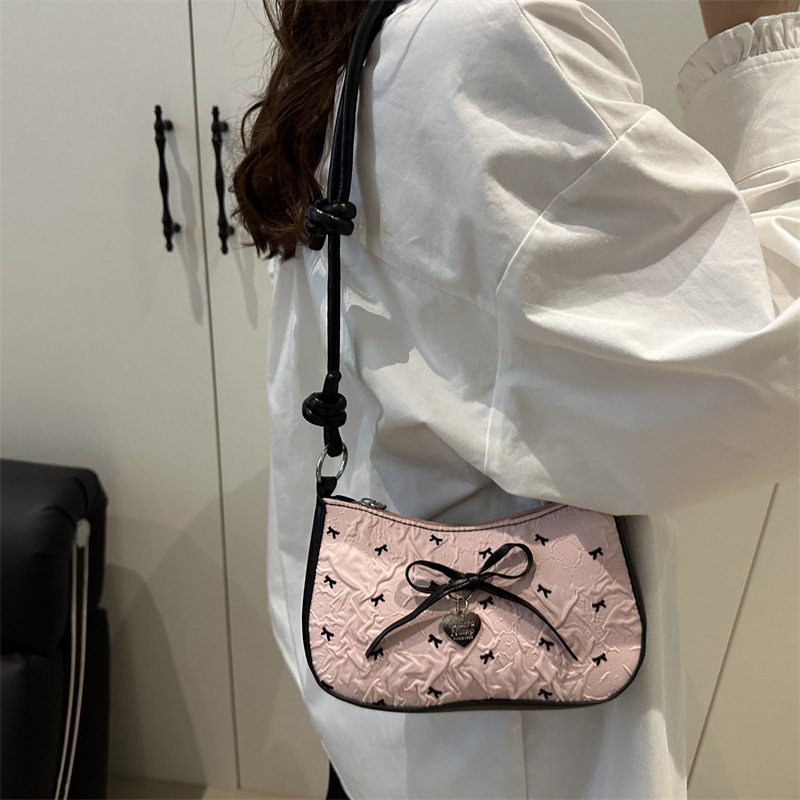 Sheer Bubble Fabric Polka Dot Crescent Shoulder Bag with Bow