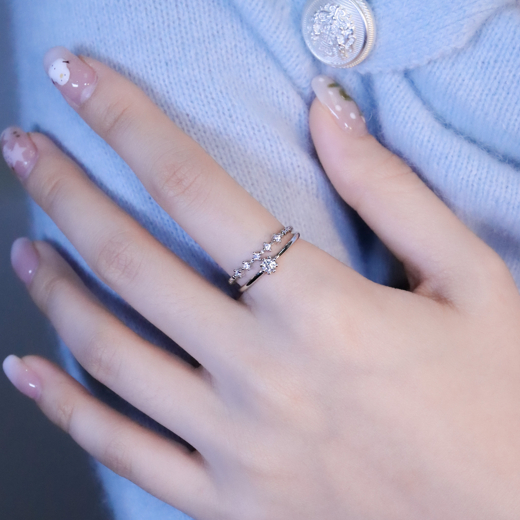 | 925純銀・厚鍍白金・莫桑石 | 鑽光幸福精靈戒指套裝  | RI1015 |