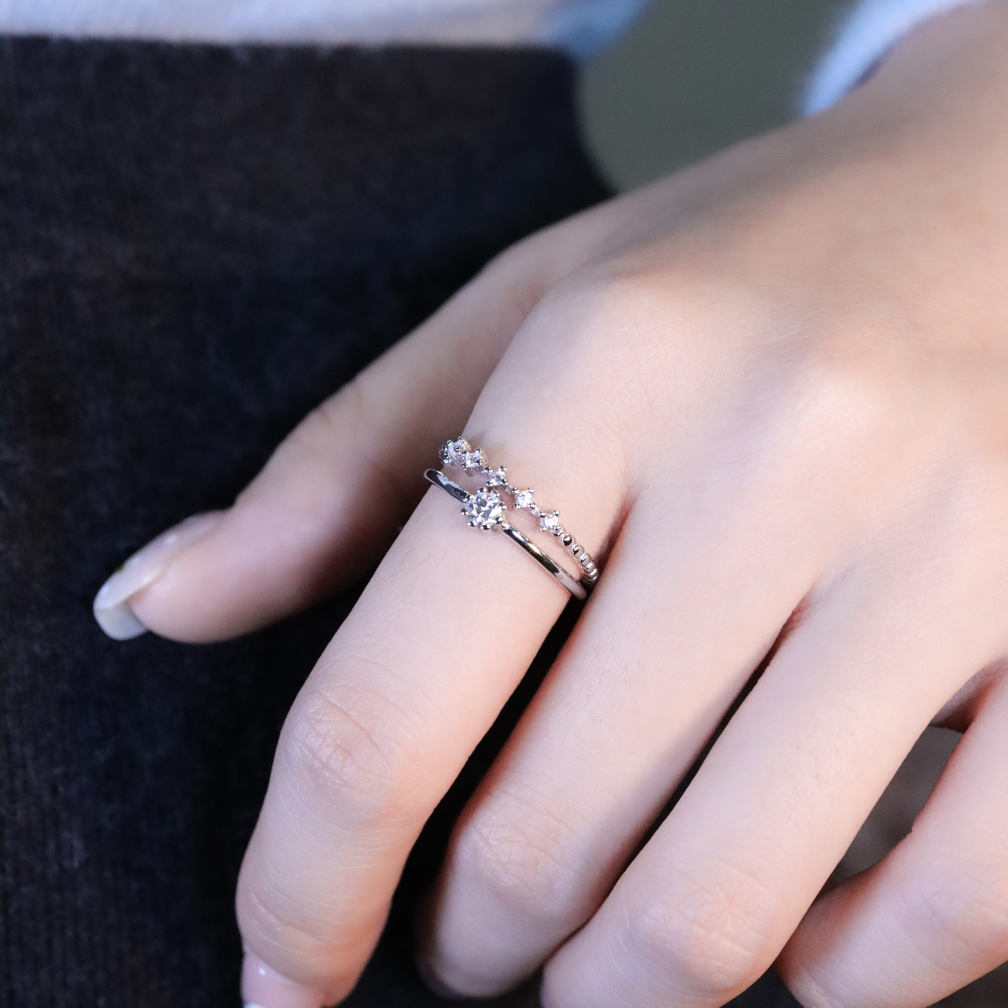 | 925純銀・厚鍍白金・莫桑石 | 鑽光幸福精靈戒指套裝  | RI1015 |