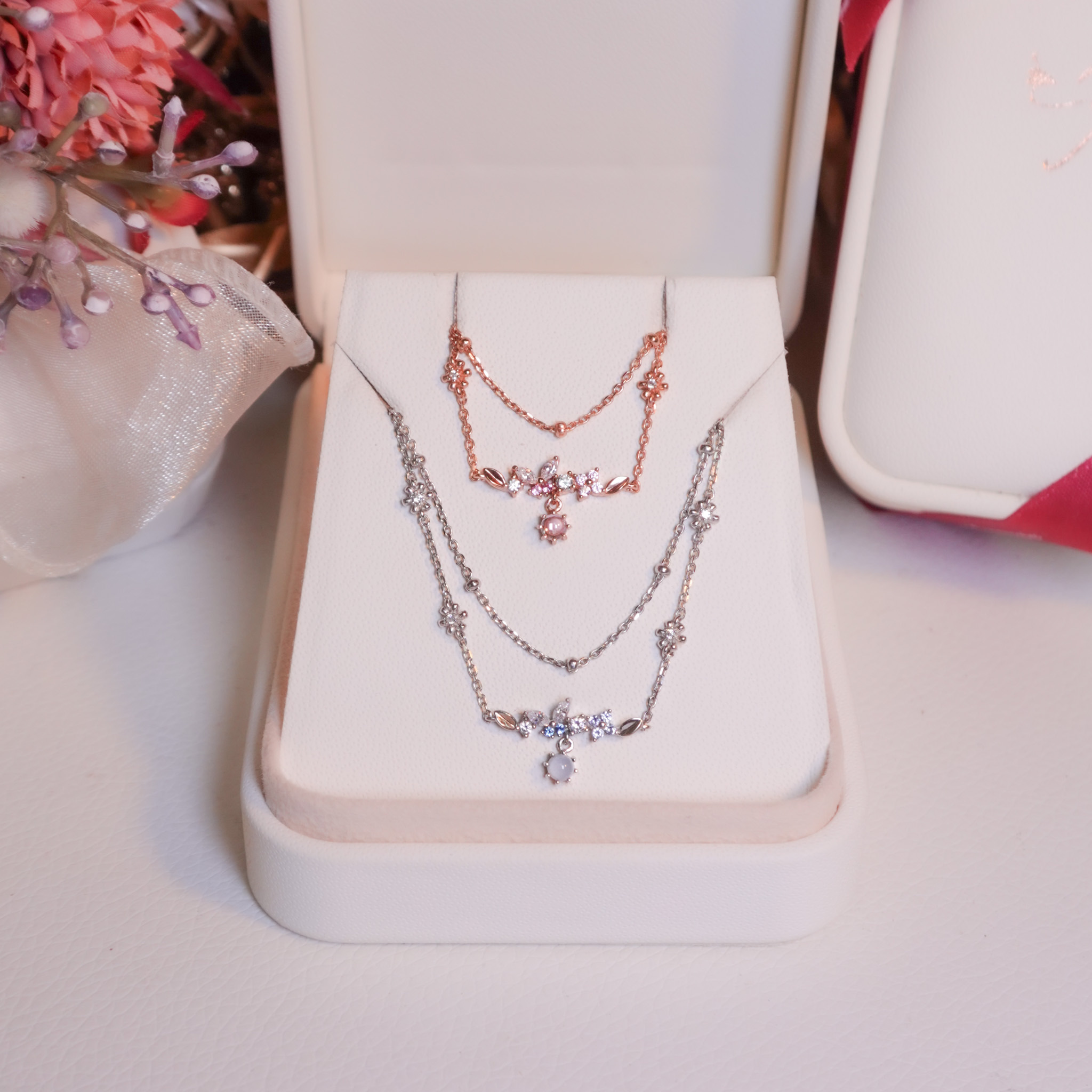 | 925純銀・厚鍍白金・ 厚鍍玫瑰金 | 花意雙層手鏈 (銀/玫瑰金) | BR1486 |