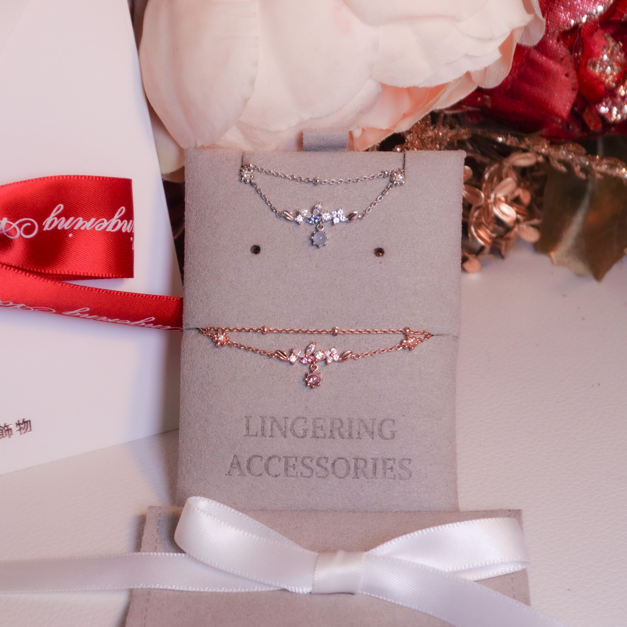 | 925純銀・厚鍍白金・ 厚鍍玫瑰金 | 花意雙層手鏈 (銀/玫瑰金) | BR1486 |