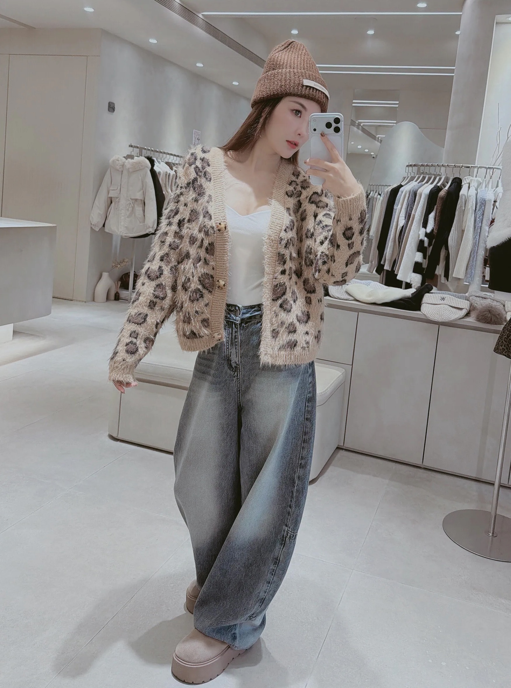 豹紋水貂毛針織外套