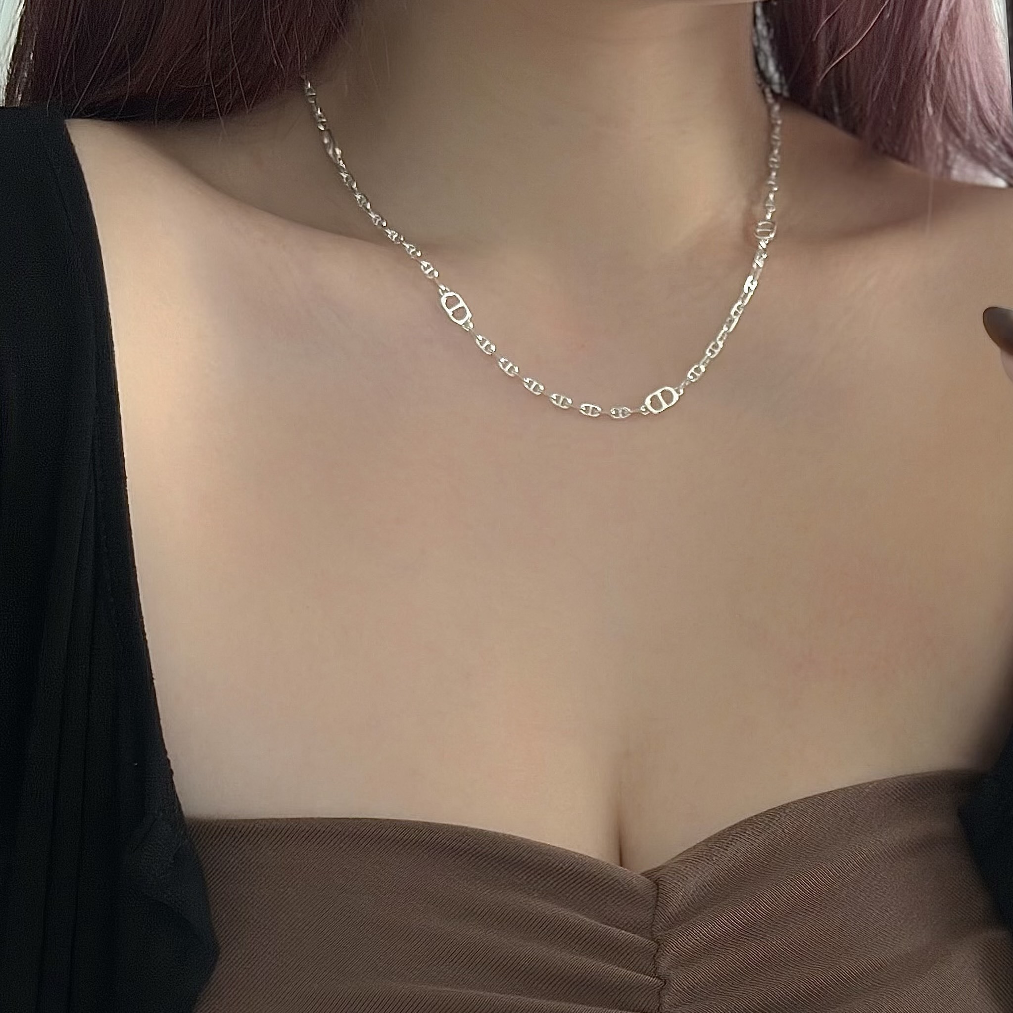 V120滿圈豬鼻拼接純銀項鍊