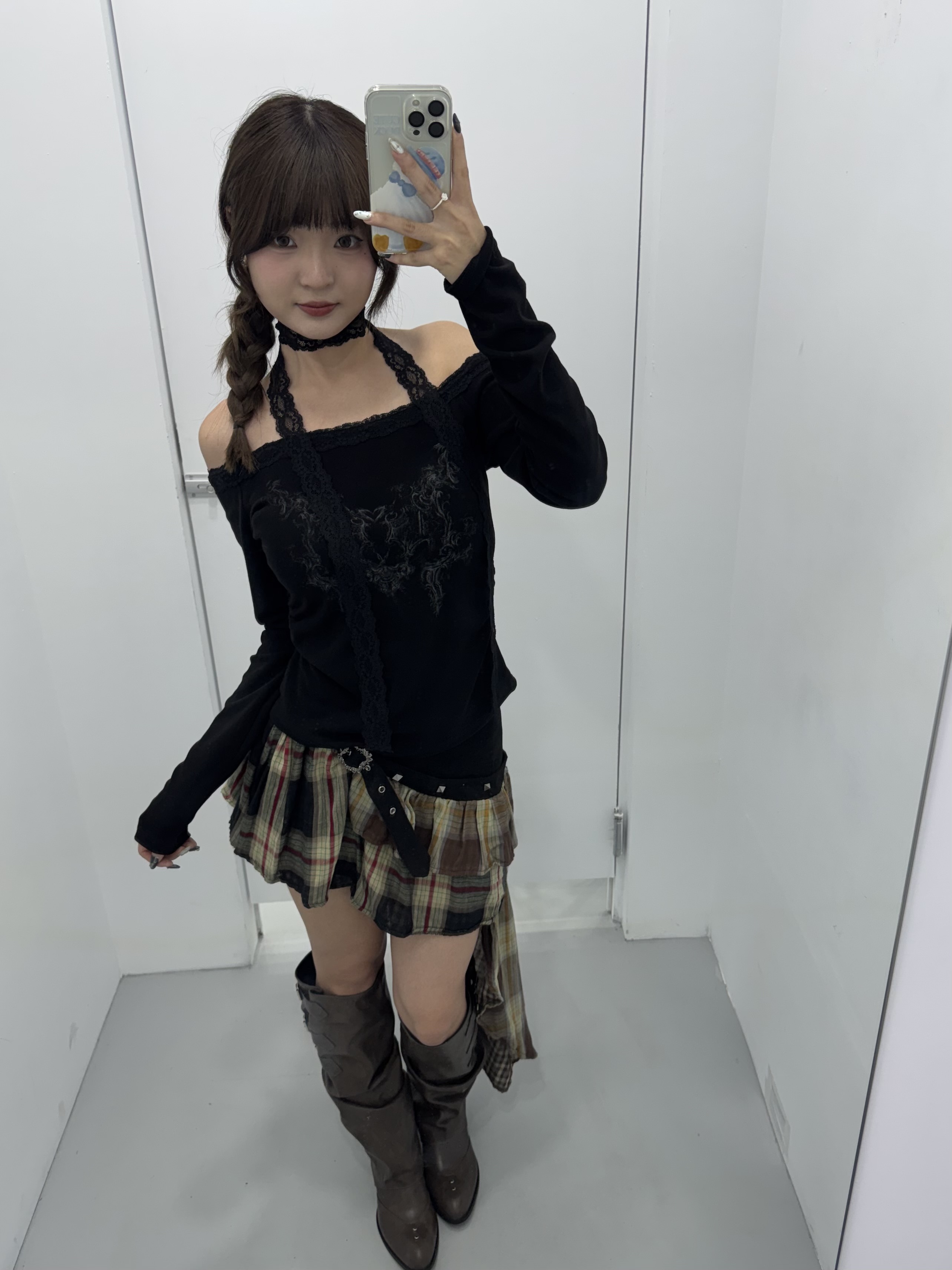 千禧格紋拼接不規則短裙