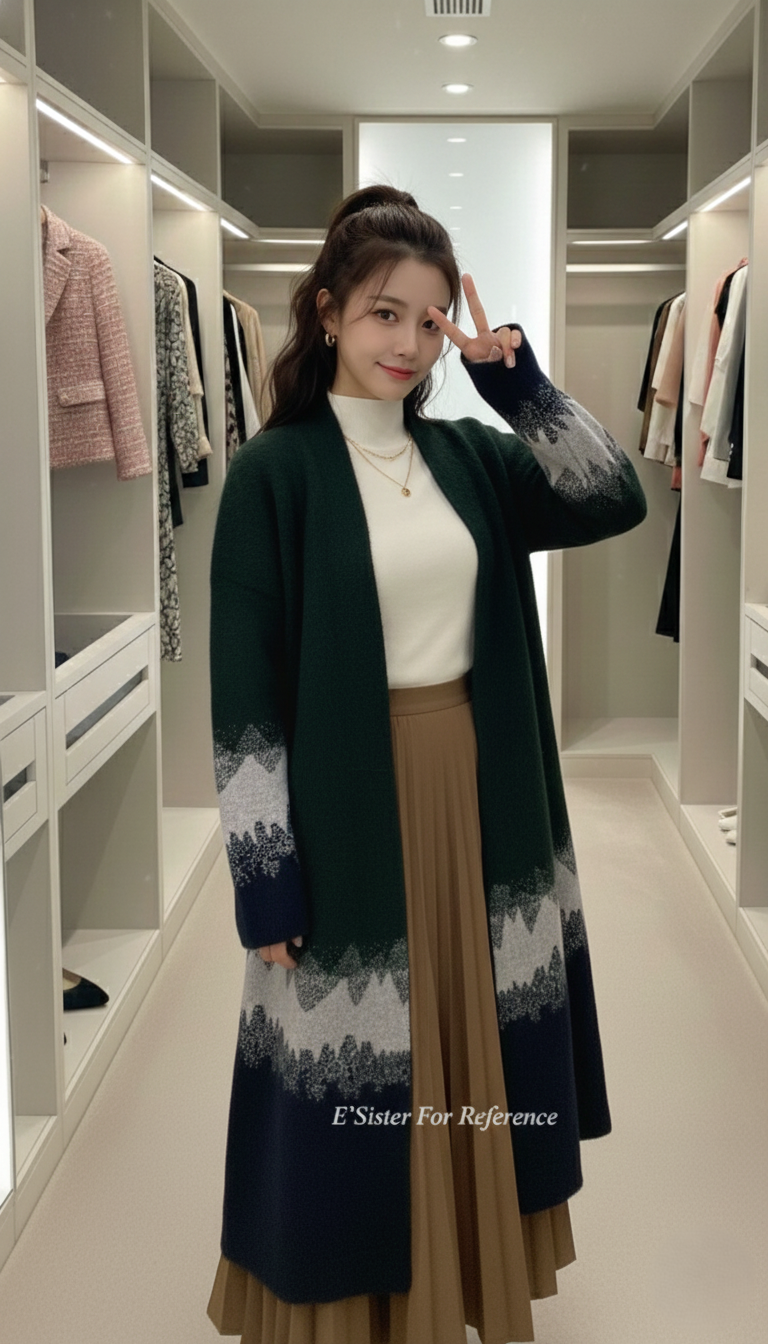 法系森林系墨綠拼色長版針織開襟外套 C91