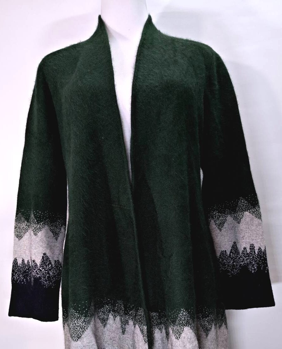 法系森林系墨綠拼色長版針織開襟外套 C91