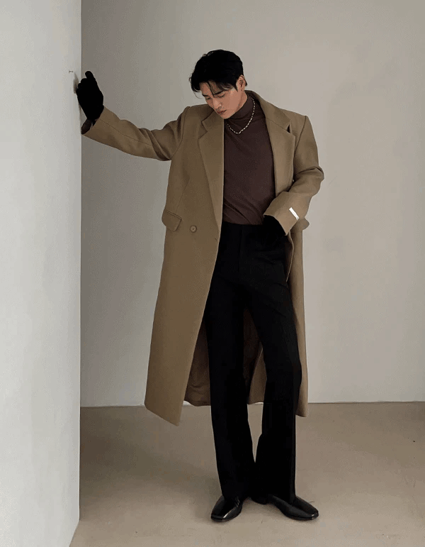 藝術修身雙排單扣長版大衣外套