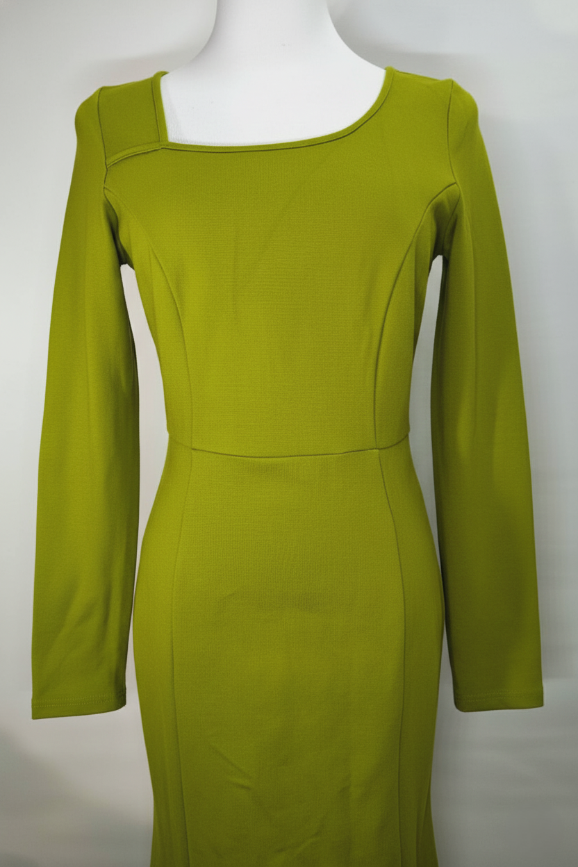 法系復古草綠色不對稱領魚尾連身裙 C95 下架