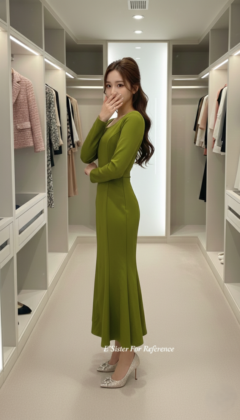 法系復古草綠色不對稱領魚尾連身裙 C95 下架