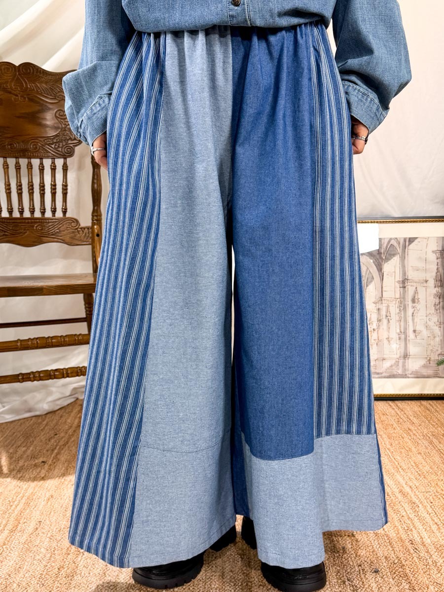 ⬇️開倉低至半價😱FINALSALE📣 橡根腰．直紋 拼 淨色 薄牛仔料裙褲 (有袋)【不設退換】