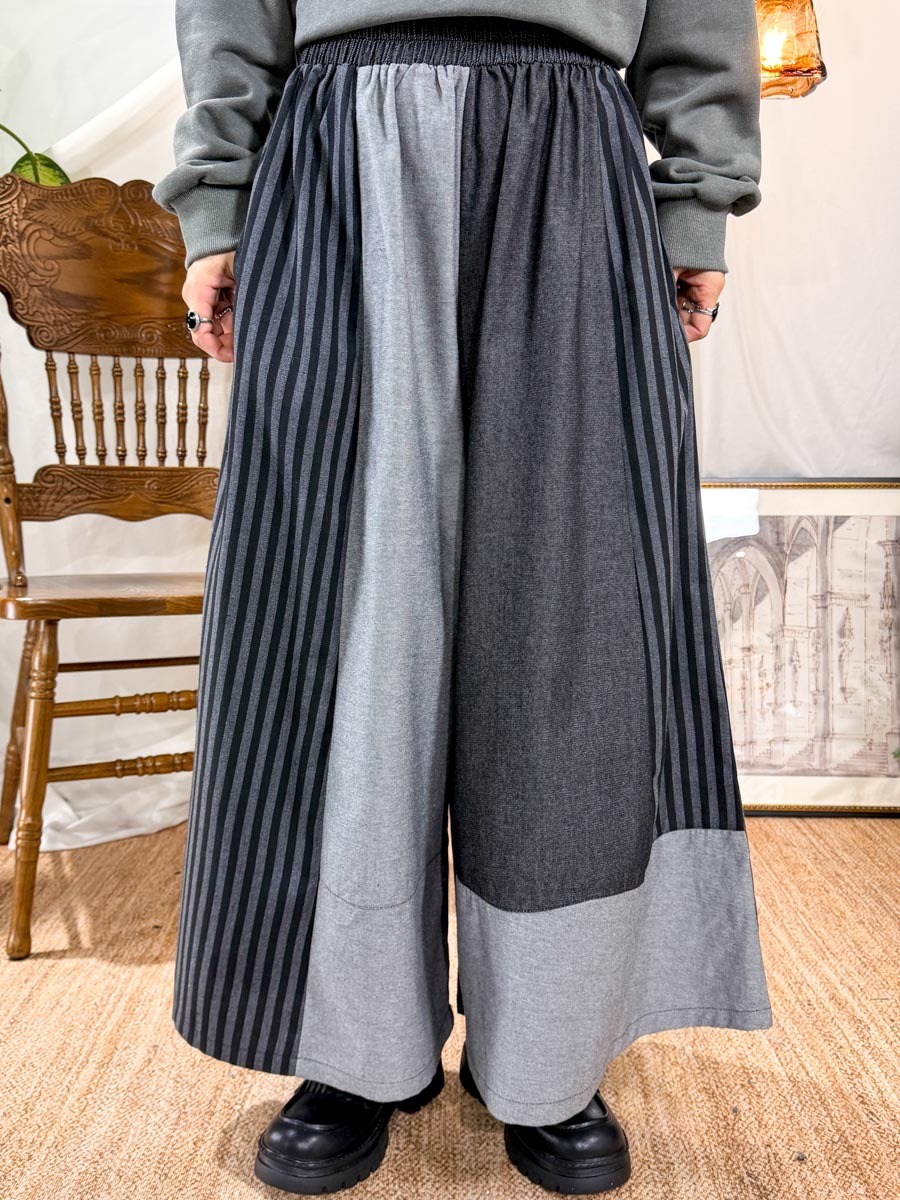 ⬇️開倉低至半價😱FINALSALE📣 橡根腰．直紋 拼 淨色 薄牛仔料裙褲 (有袋)【不設退換】