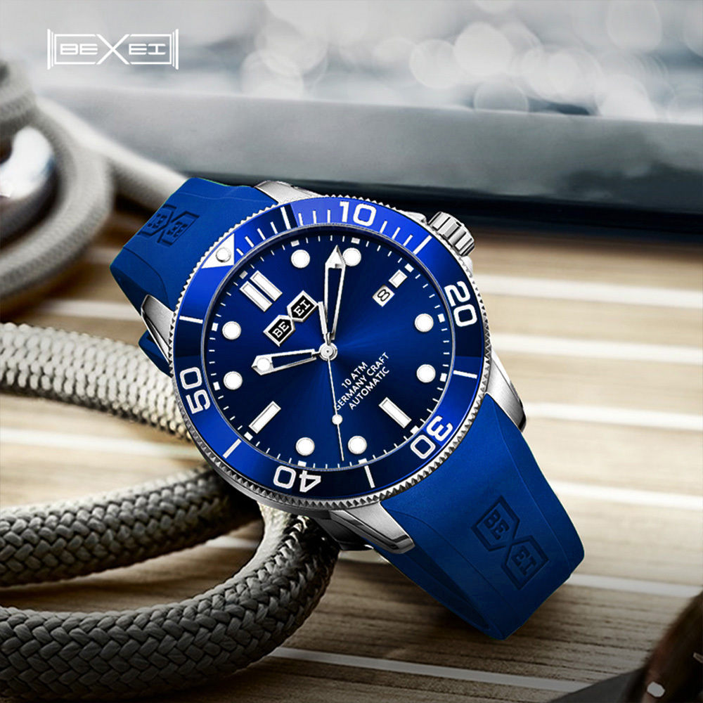 【BEXEI 貝克斯】 9062 三針 水鬼 防水系列 精緻時尚 旋轉式外圈設計 矽膠錶帶 自動機械錶 手錶