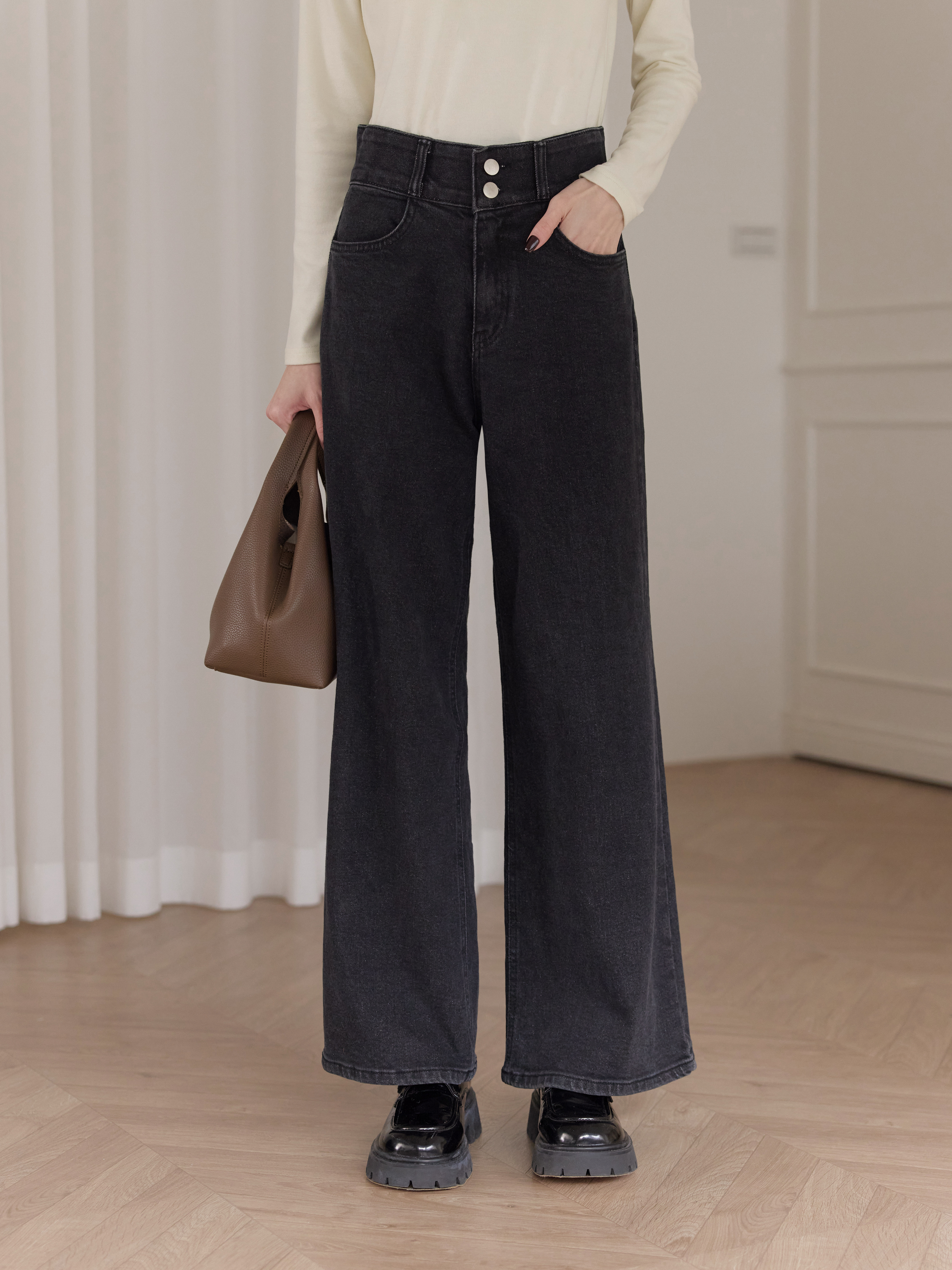 高腰雙釦長腿落地牛仔褲