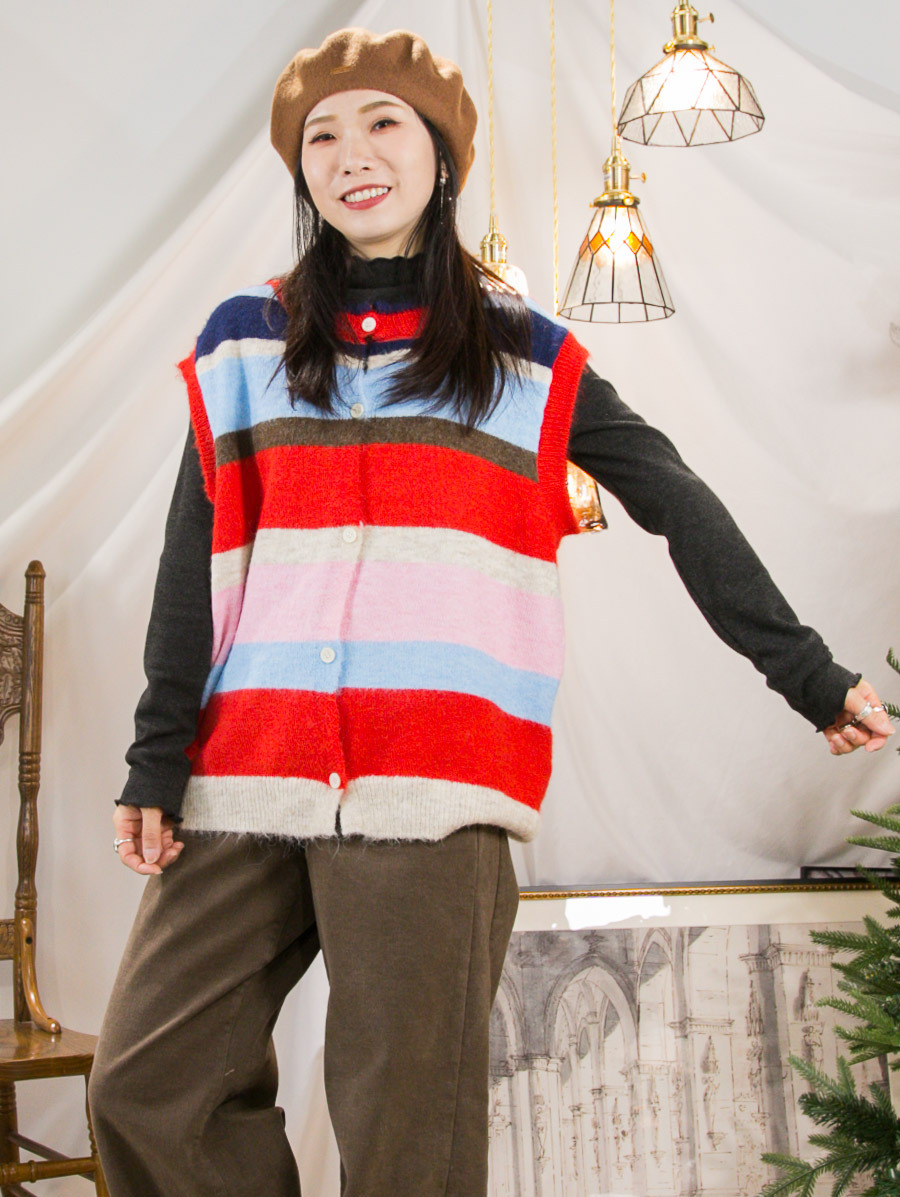 ⬇️開倉低至半價😱FINALSALE📣全開胸扣鈕．拼色橫間 毛毛冷料 背心外套【不設退換】