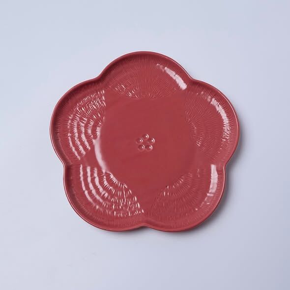 新年食器 造型盤 梅 飛鉋紋 紅 M