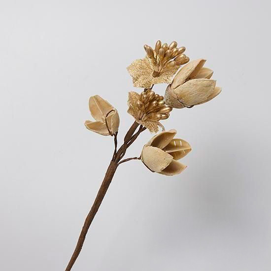 新年裝飾 仿真花 乾燥果實 自然木色× 金