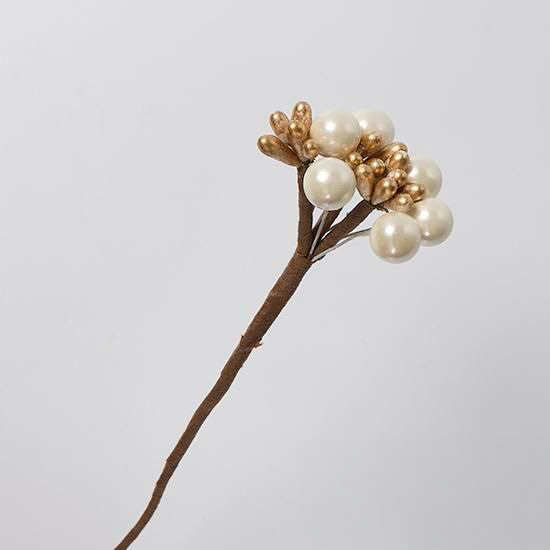 新年裝飾 仿真花 珠珠果實 白× 金