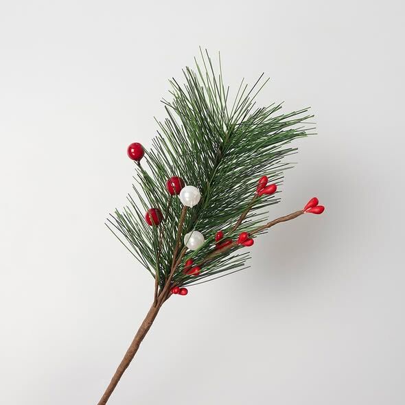 新年裝飾 仿真花 松葉 珠珠 白× 紅