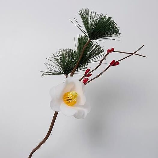 新年裝飾 仿真花 白山茶花松葉×果粒分枝 紅