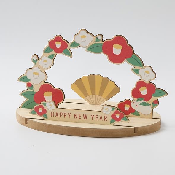 新年裝飾 木製裝飾架 紅白山茶花