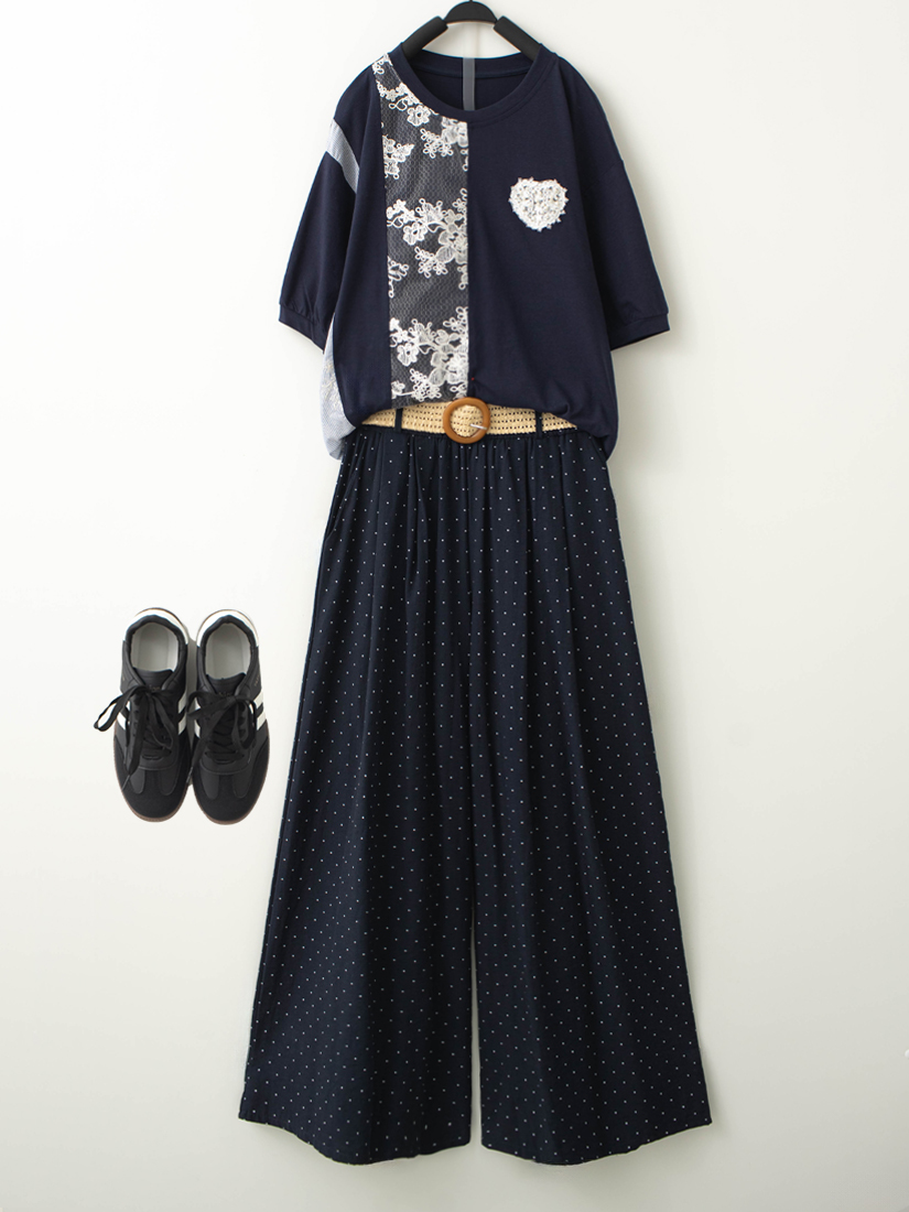 拼接蕾絲珍珠短袖上衣點點印花九分褲組合