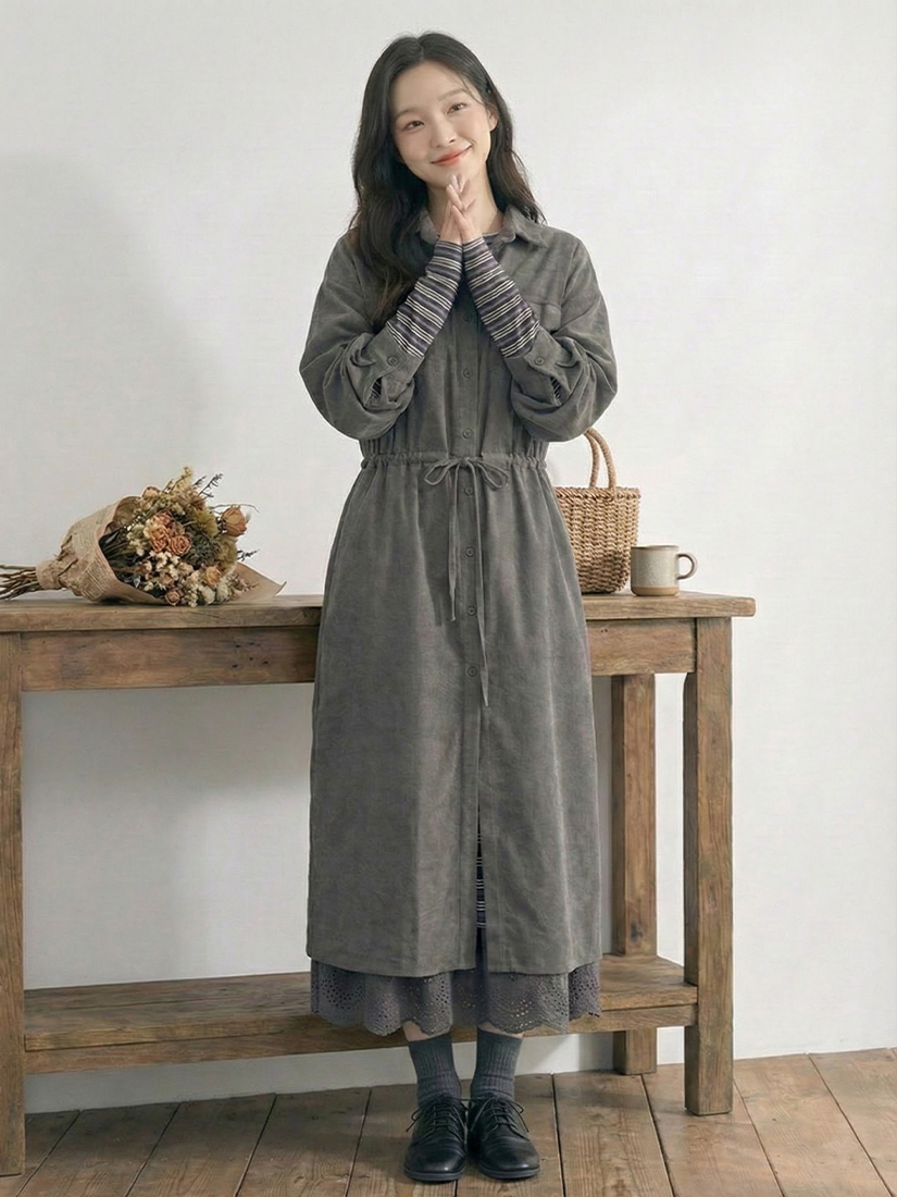 質感長版洋裝條紋內搭上衣純棉寬褲組合