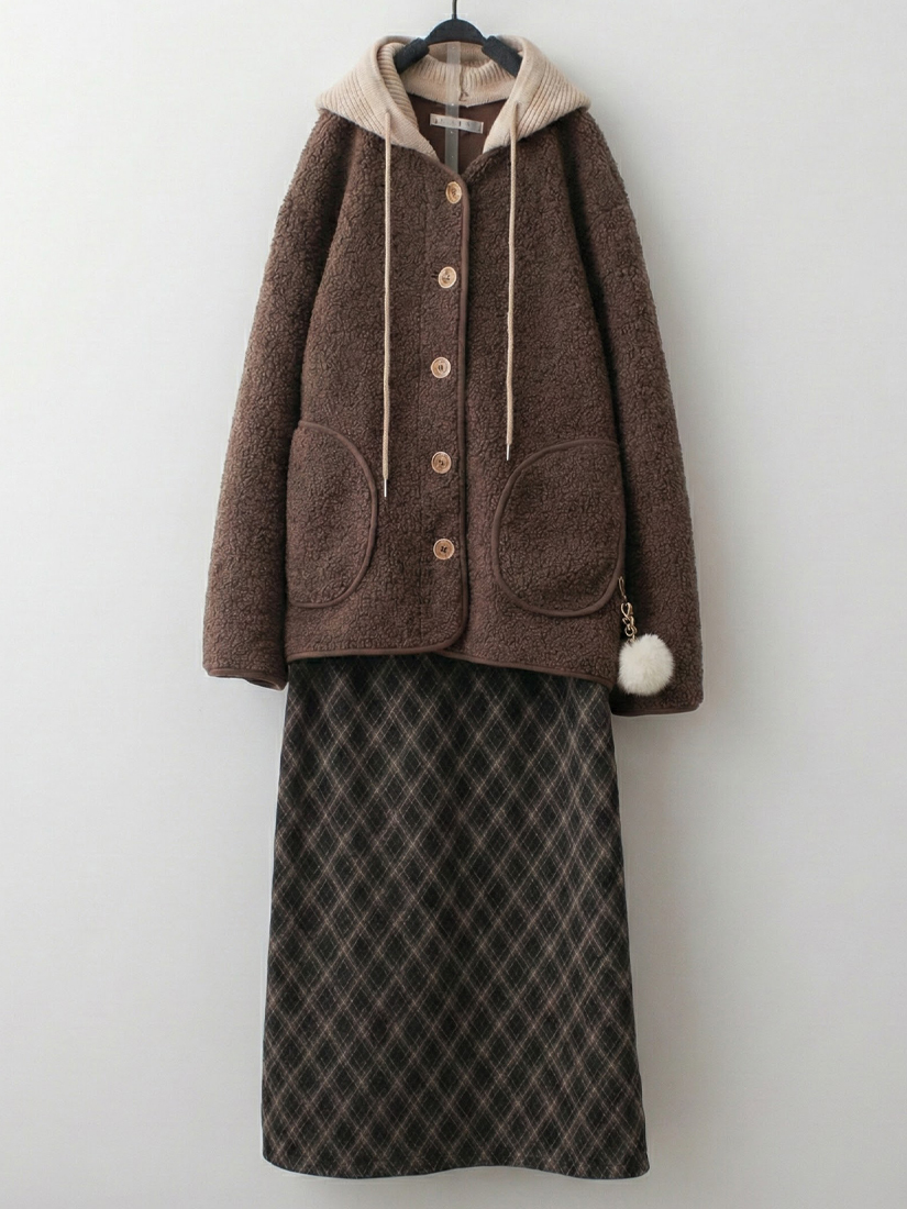 溫暖搖粒絨外套菱格針織長裙組合