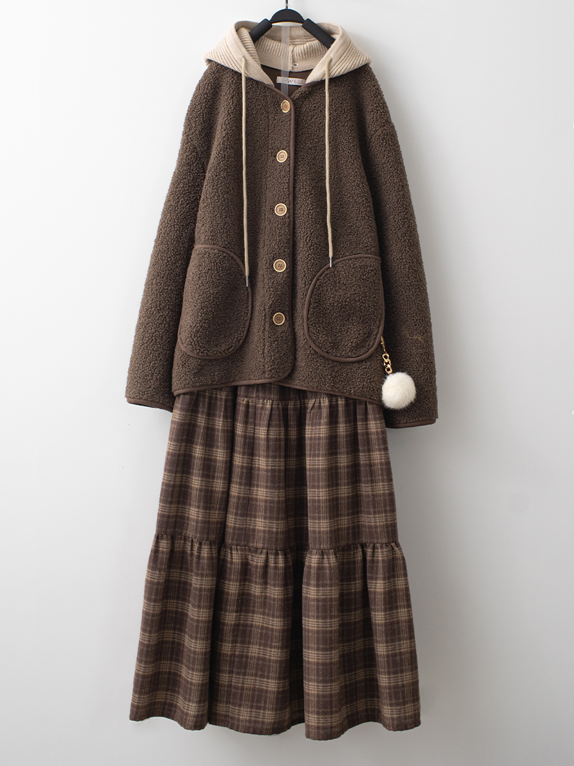 搖粒絨毛球連帽外套格紋法蘭絨裙組合