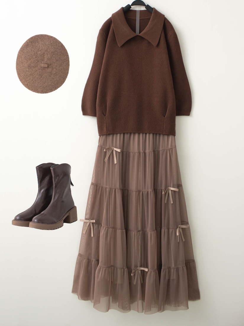 領片蓬袖針織上衣緞帶蝴蝶結蛋糕裙組合