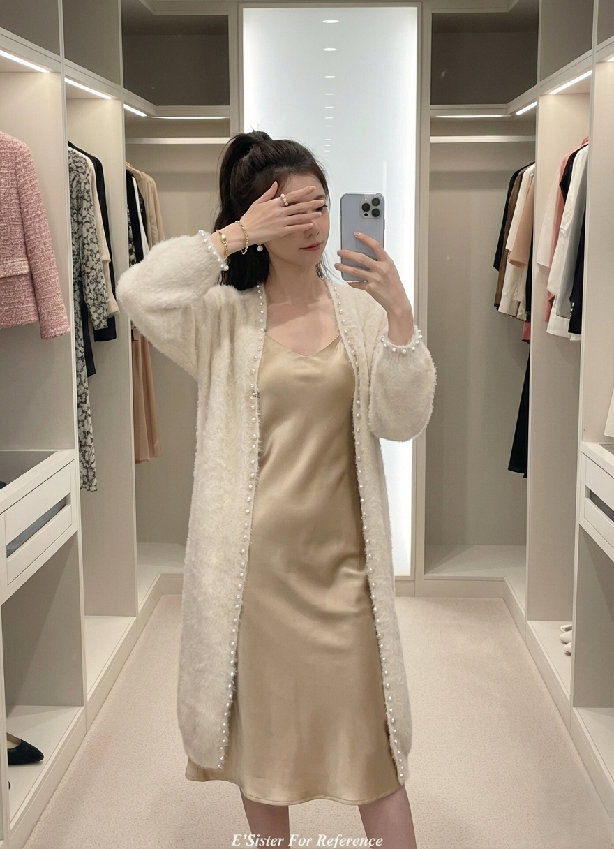 法系氣質珍珠滾邊毛海長版薄外套 C97