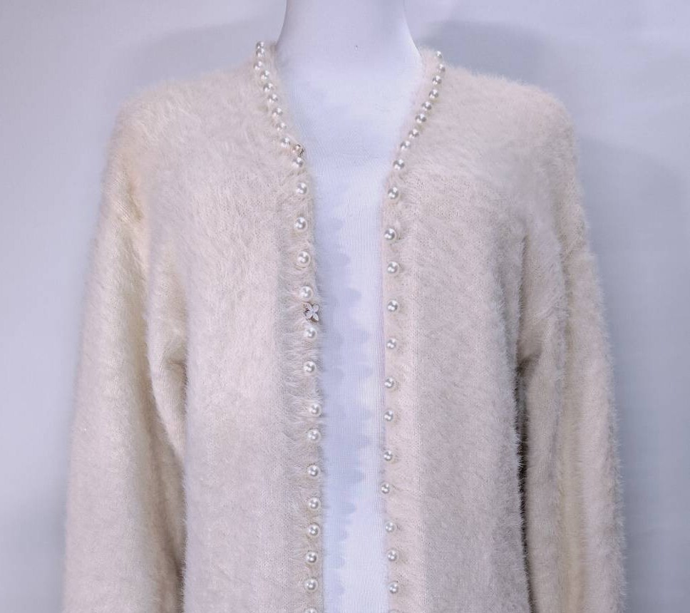 法系氣質珍珠滾邊毛海長版薄外套 C97