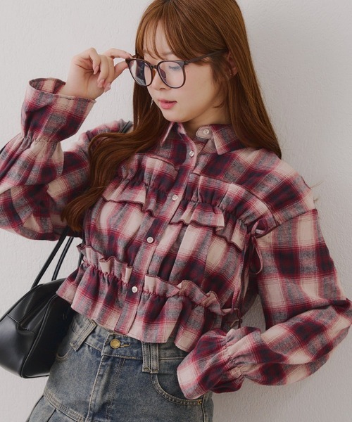 日本預訂 WINTER SALE ODO 胸前飾帶格紋襯衫