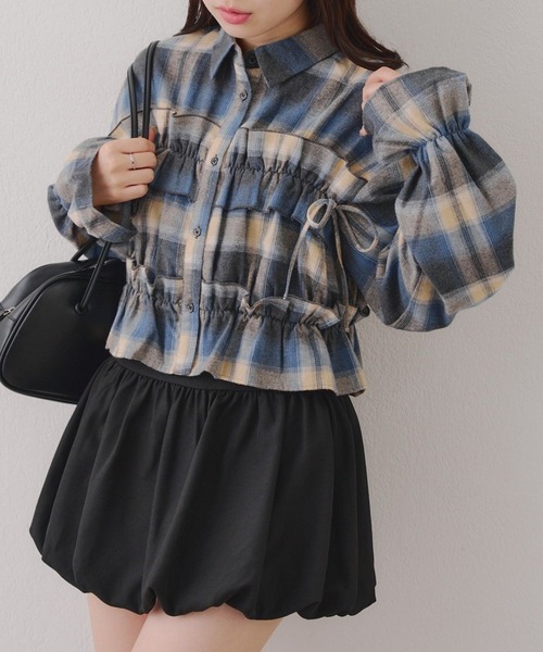 日本預訂 WINTER SALE ODO 胸前飾帶格紋襯衫