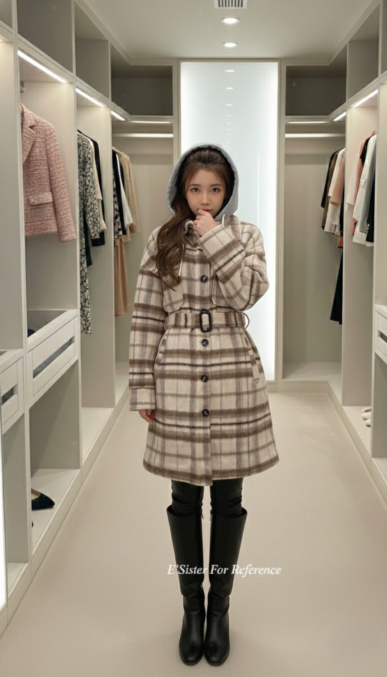 韓系時尚風暖杏格紋連帽綁帶長版大衣 C99