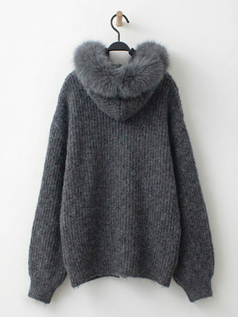 口袋蝴蝶結毛領連帽針織外套