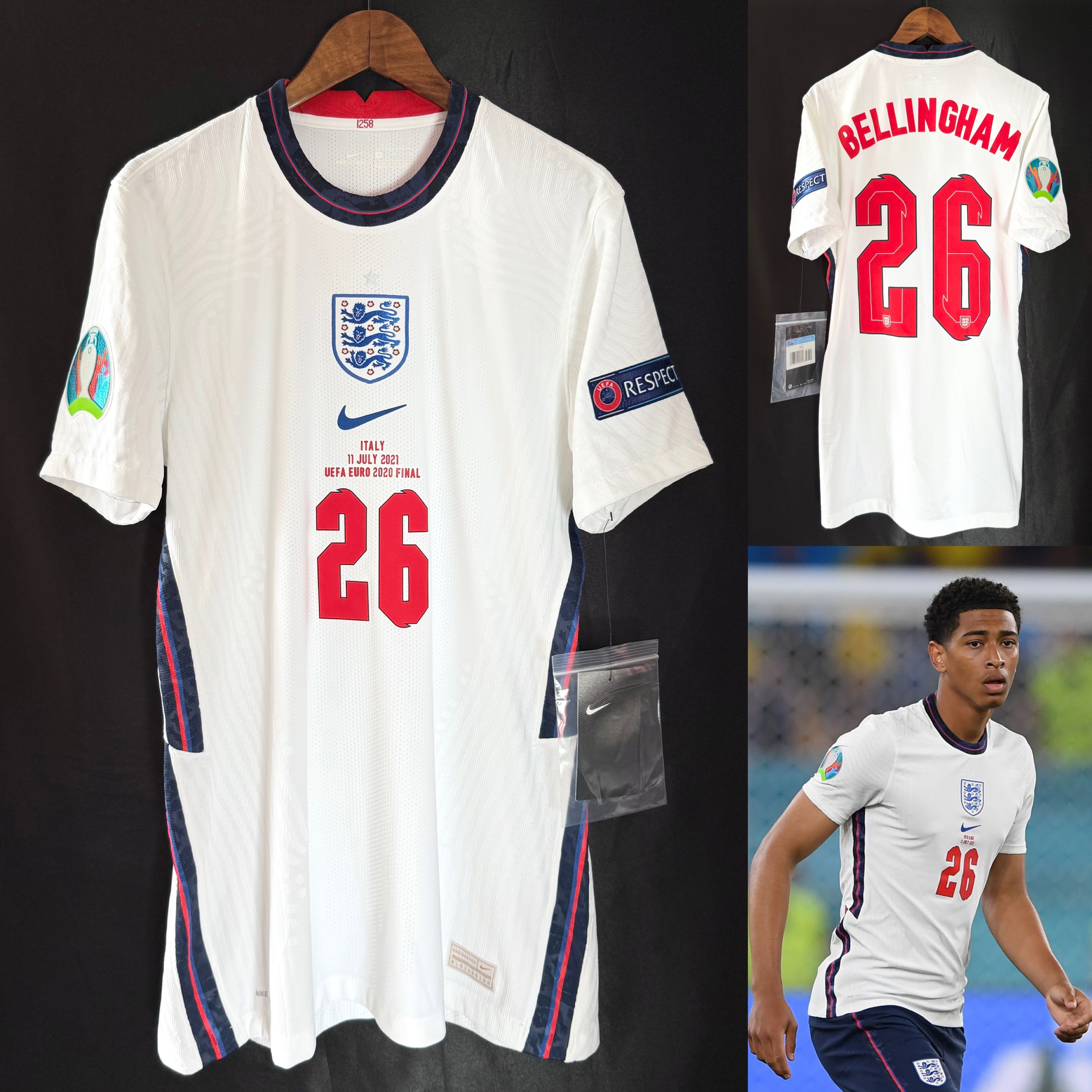 (Player Issue) England 2020 UEFA Euro Final Nike Home Player Issue Shirt #26 BELLINGHAM