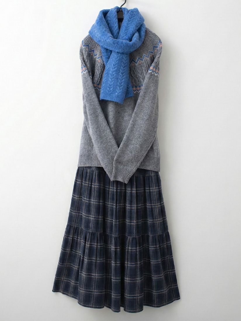 圖騰圓領針織毛衣蘇格蘭格紋蛋糕長裙組合
