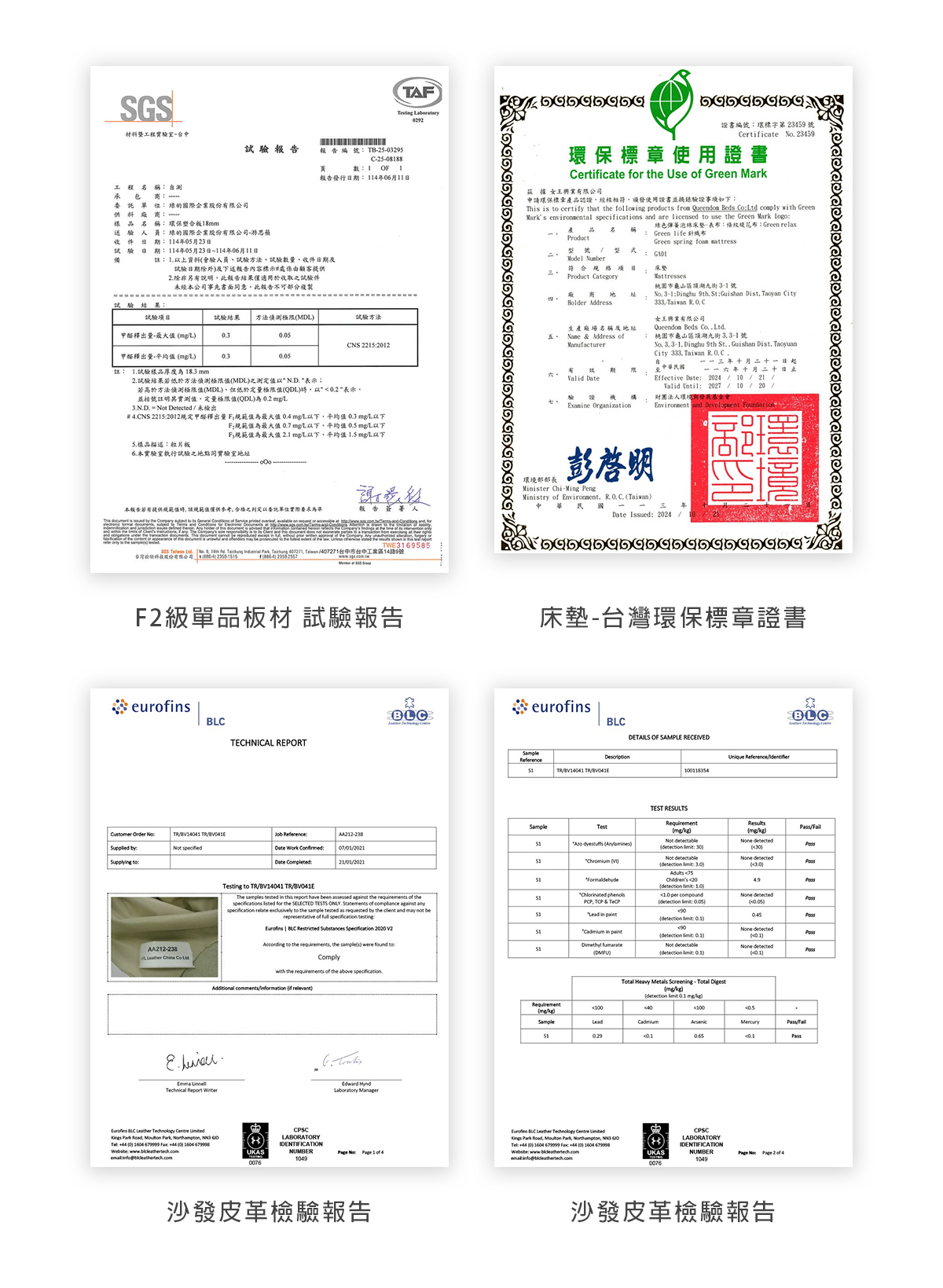 城市家居品質認證與檢驗報告總覽：包含 SGS F2 級低甲醛板材測試、獨立筒床墊榮獲台灣環保標章，以及沙發皮革通過歐盟 Eurofins 無毒檢驗。