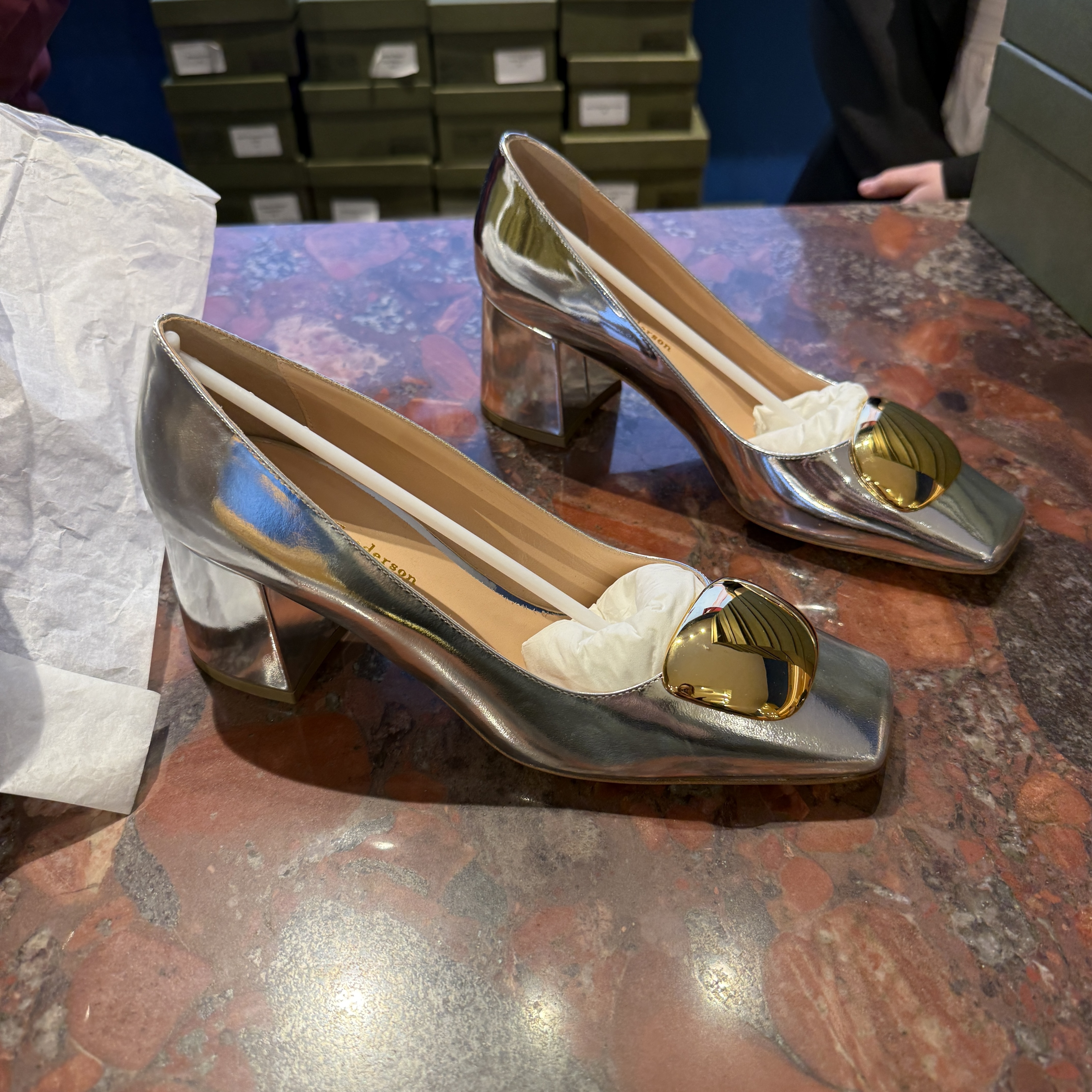 Rupert Sanderson Naxos silver mirror gold heels