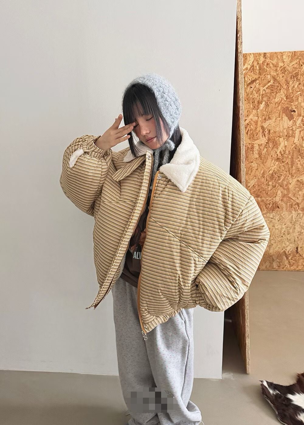 千鳥格紋內鋪棉雪人夾克
