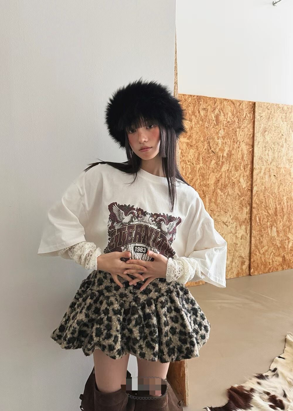 豹紋毛毛短裙內安全褲