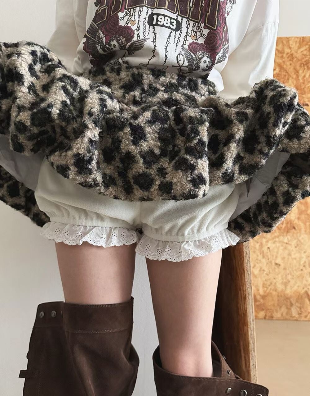 豹紋毛毛短裙內安全褲