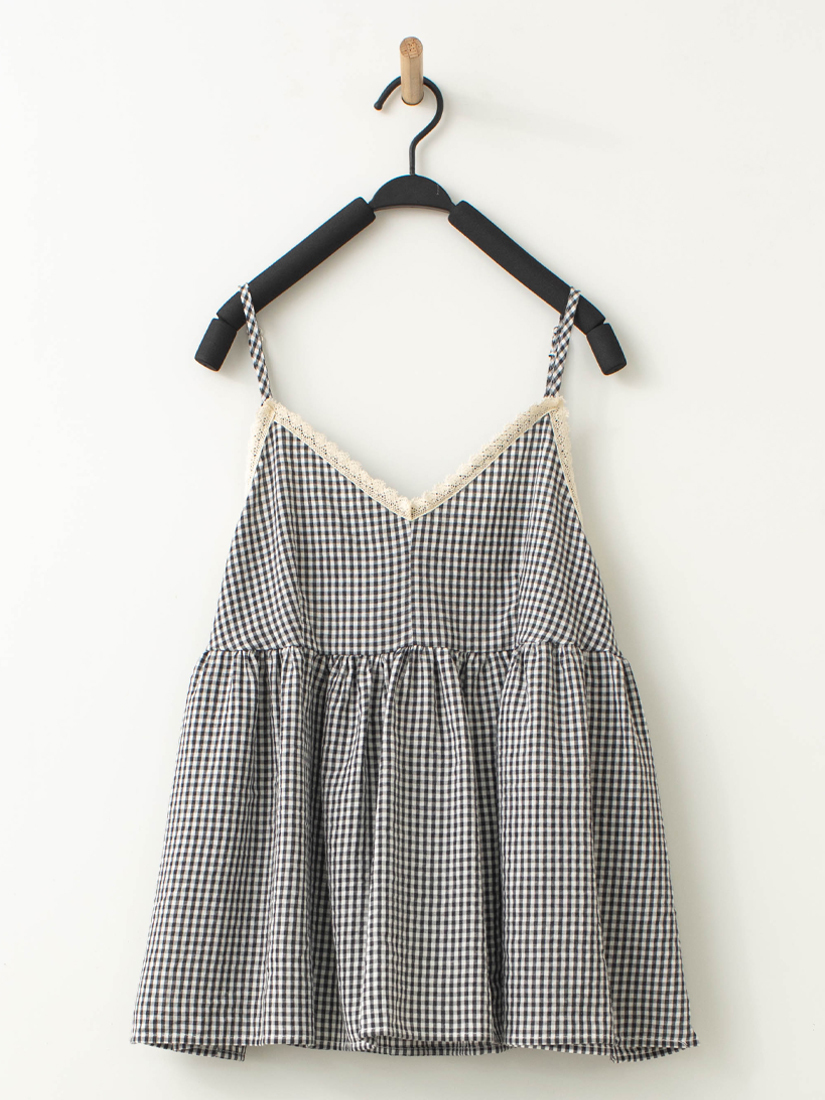 蕾絲格紋背心側抓皺上衣綁帶六分褲裙組合