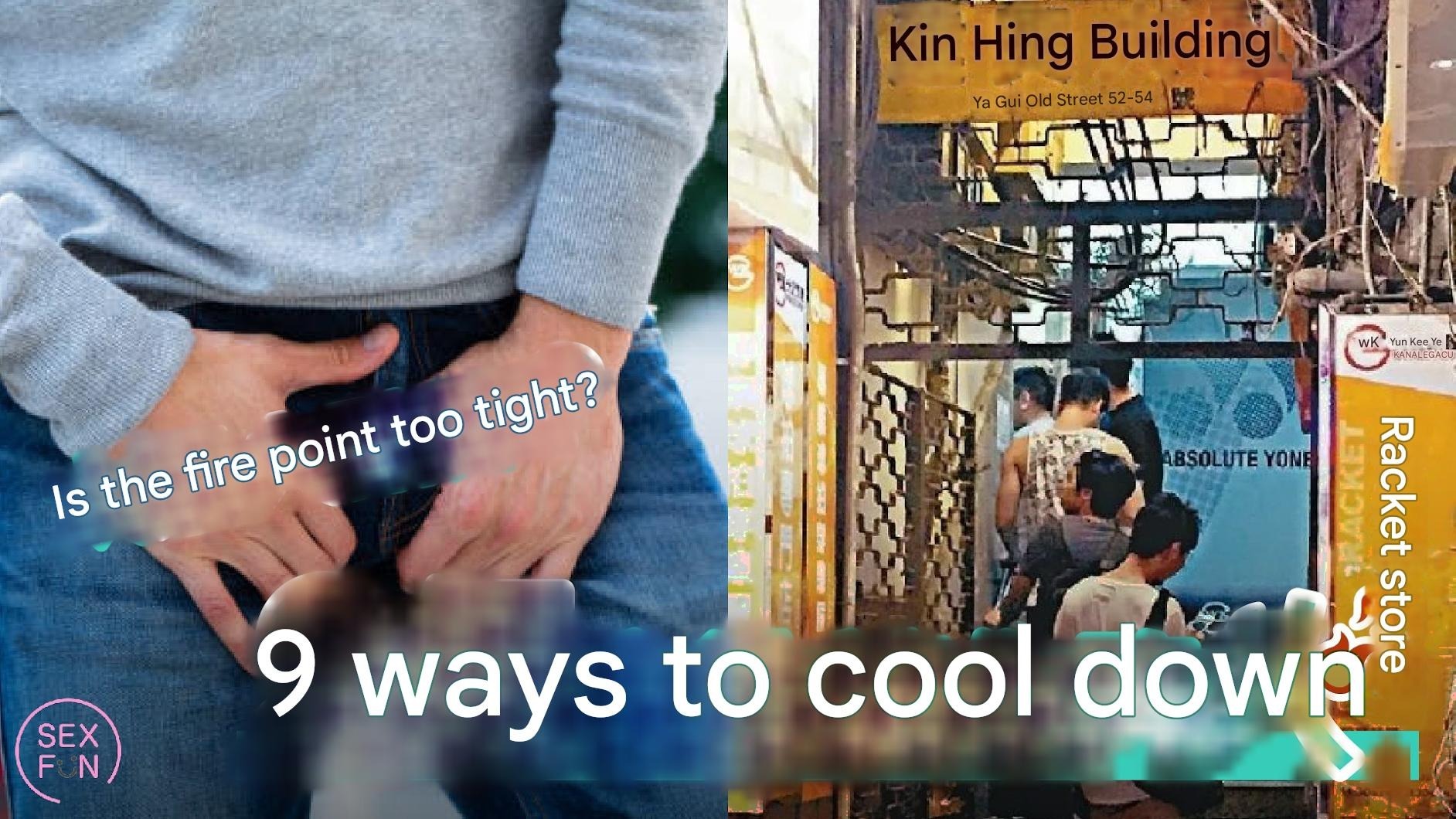 Man urgently covering a bulge in his pants with Hong Kong's Kin Hing Building in the background, representing the awkward feeling of sudden arousal