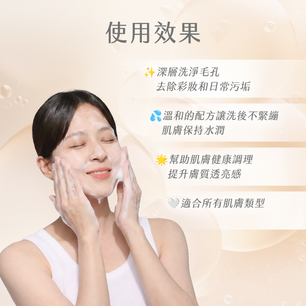 安美諾洗卸蜜使用功效示意：主打深層洗淨毛孔與去除彩妝，配方溫和洗後不緊繃，能提升膚質透亮感，適合所有肌膚類型使用。