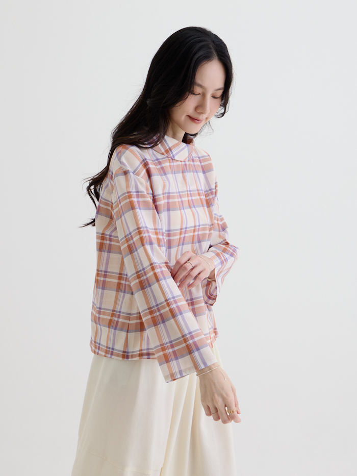 昭和咖啡廳立領上衣-粉橘米格紋