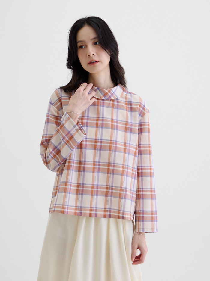 昭和咖啡廳立領上衣-粉橘米格紋