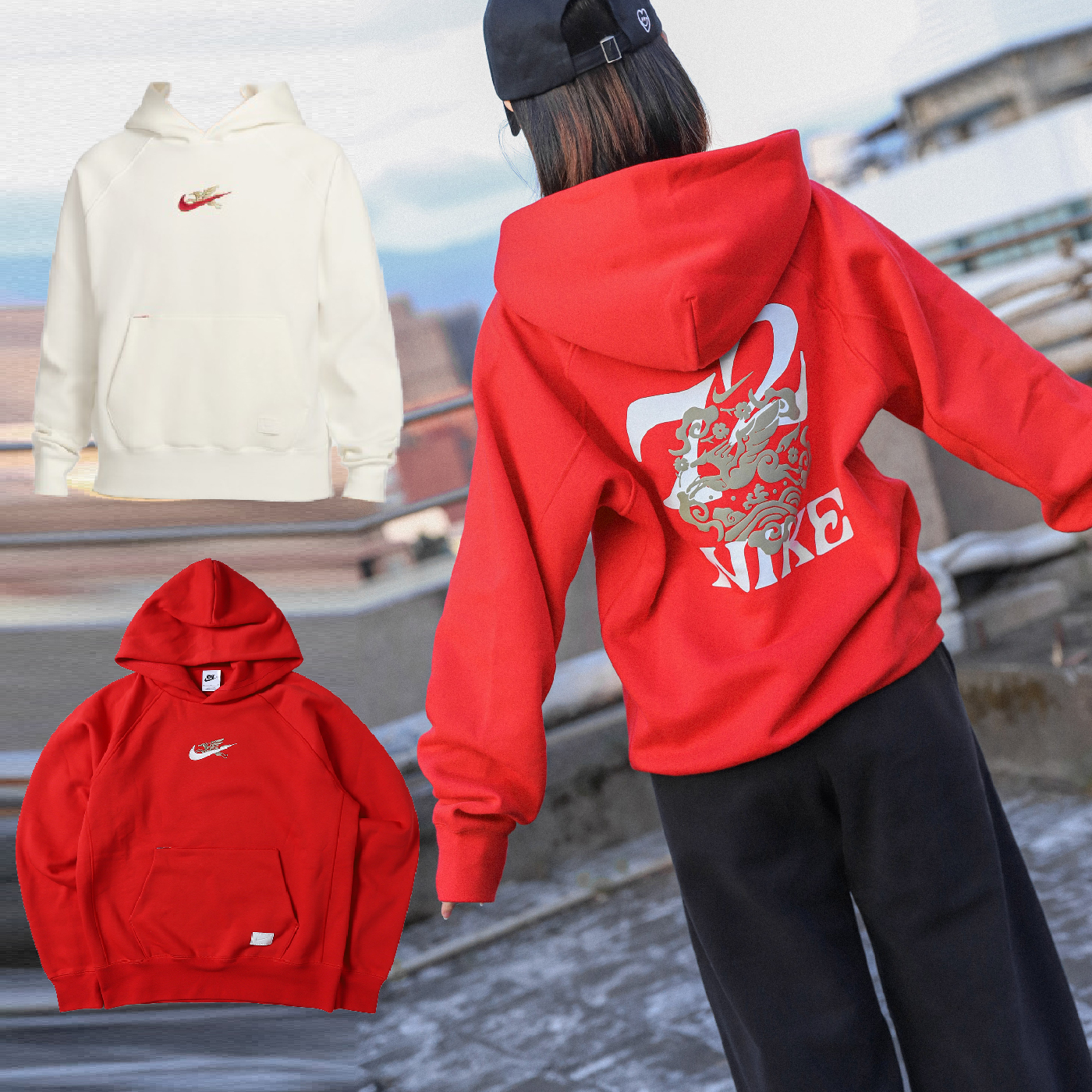 NIKE NSW BB CNY FLC HD 紅色白色馬年新年印花飛馬刺繡重磅內刷毛連帽帽